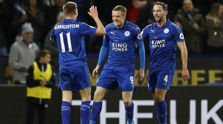 Leicester City's Jamie Vardy celebrates scoring their second goal with team mates